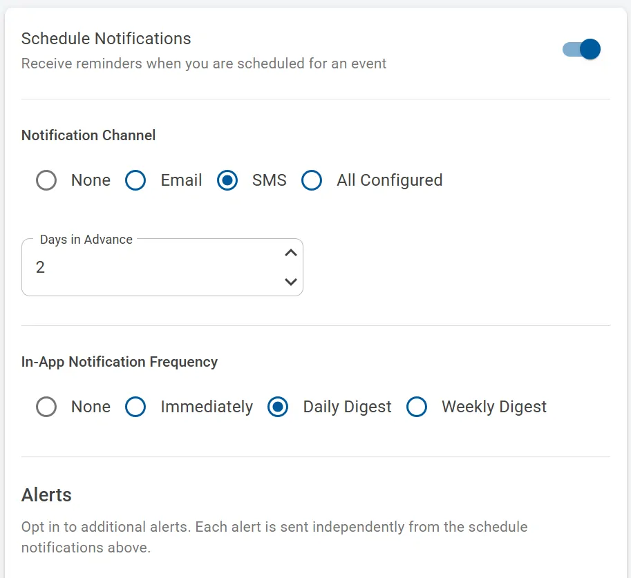 Church Plannerschedule notification settings with SMS reminders and digests