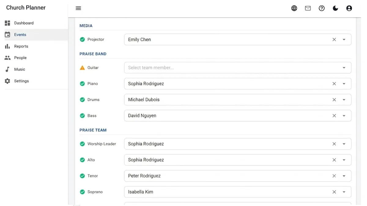 Church Plannervolunteer scheduling with praise band and team positions
