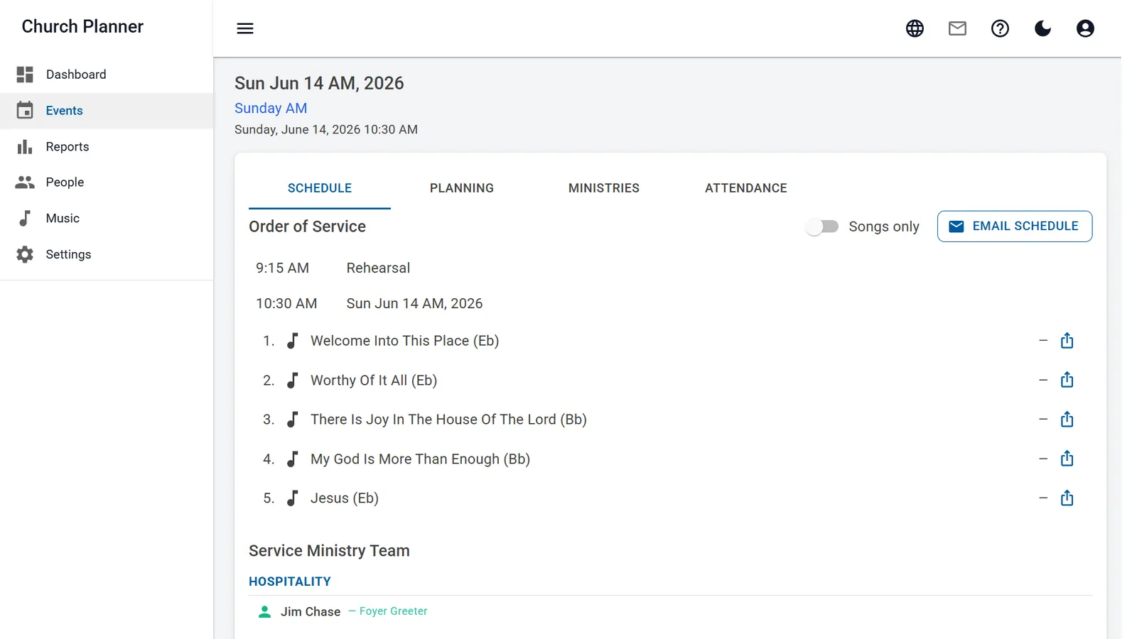 Church Plannerservice plan with order of service, song keys, and ministry team